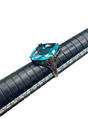 Vintage Czech Art Deco Glass Ring Size 7.5 Aqua Blue Sterling Silver Ornate Band